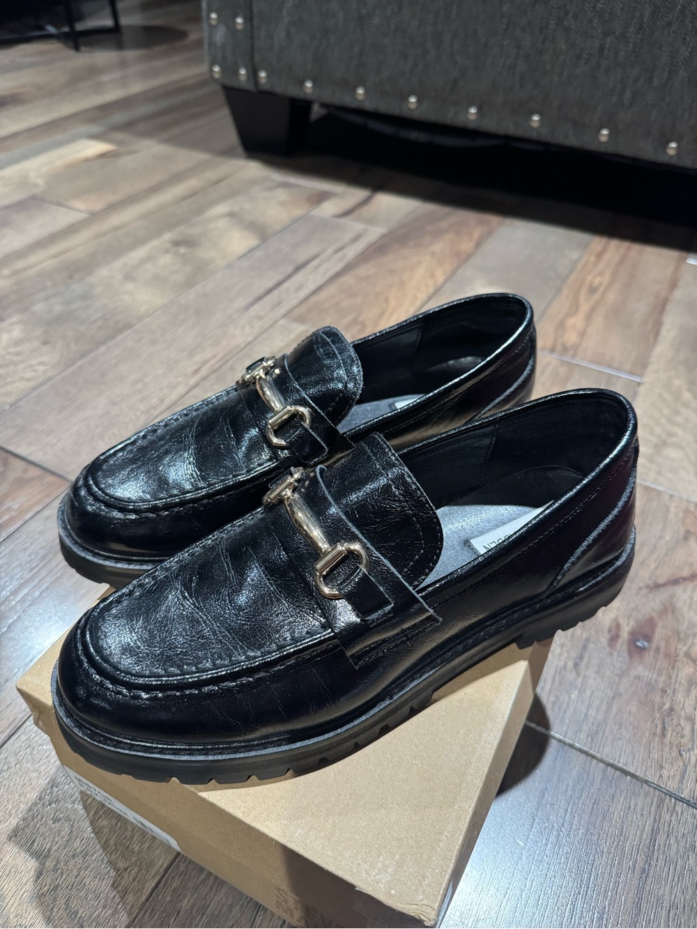 Steve Madden Black Leather Bit Loafers with Gold Hardware